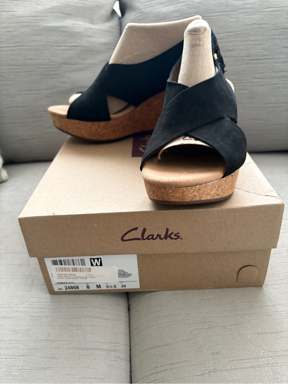 Clarks Black Cork Wedge Sandals with Suede Crisscross Upper Size 8 M
